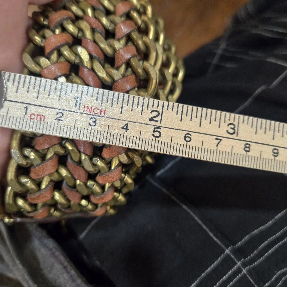 Vintage Michael Kors Heavy Brass Chain Woven Leather Belt 44
